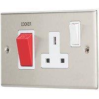 Contactum iConic 45A 2-Gang DP Cooker Switch & 13A DP Switched Socket Brushed Steel with White Inserts (391RP)