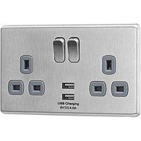 Arlec 13A 2-Gang SP Switched Socket + 4A 15W 2-Outlet Type A USB Charger Stainless Steel with Grey Inserts (396RU)