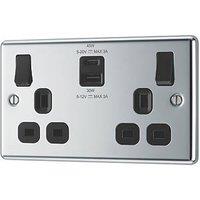 LAP 13A 2-Gang SP Switched Socket + 3A 45W 2-Outlet Type A & C USB Charger Polished Chrome with Black Inserts (405PN)