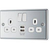LAP 13A 2-Gang SP Switched Socket + 2.4A 12W 2-Outlet Type A USB Charger Polished Chrome with White Inserts (413PN)