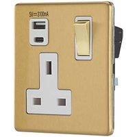 Contactum Lyric 13A 1-Gang DP Switched Socket + 3.1A 15.5W 1-Outlet Type A & C USB Charger Brushed Brass with White Inserts (429RP)