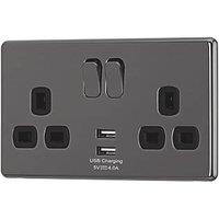 Arlec 13A 2-Gang SP Switched Socket + 4A 15W 2-Outlet Type A USB Charger Black Nickel with Black Inserts (434RU)