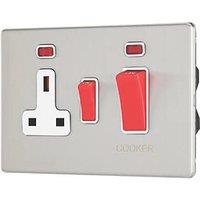 Contactum Lyric 45A 2-Gang DP Cooker Switch & 13A DP Switched Socket Brushed Steel with Neon with White Inserts (442RP)