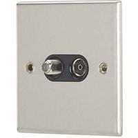 Contactum iConic 2-Gang Coaxial TV & F-Type Satellite Socket Brushed Steel with Black Inserts (461RK)