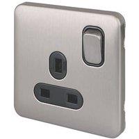 Schneider Electric Lisse Deco 13A 1-Gang SP Switched Plug Socket Brushed Stainless Steel with Black Inserts (472CC)
