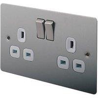 LAP 13A 2-Gang DP Switched Plug Socket Brushed Stainless Steel with White Inserts (47502)