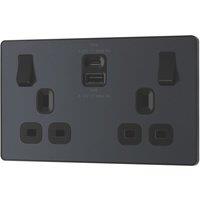 British General Evolve 13A 2-Gang SP Switched Socket + 3A 45W 2-Outlet Type A & C USB Charger Grey with Black Inserts (482YV)