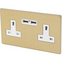 Varilight 13AX 2-Gang Unswitched Socket + 2.1A 10.5W 2-Outlet Type A USB Charger Brushed Brass with White Inserts (4863J)