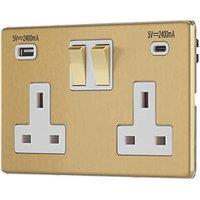 Contactum Lyric 13A 2-Gang DP Switched Socket + 4.8A 24W 2-Outlet Type A & C USB Charger Brushed Brass with White Inserts (498RP)