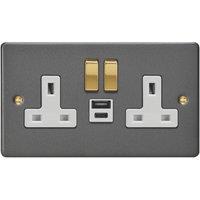 Varilight 13A 2-Gang 1P+N Switched Socket + 4A 20W 2-Outlet Type A & C USB Charger Graphite Grey with White Inserts (498YT)