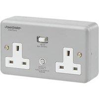 PowerBreaker 13A 2-Gang Unswitched Metal Clad Passive RCD Socket with Neon with White Inserts (50236)