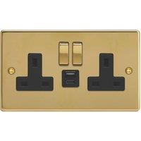 Varilight 13A 2-Gang 1P+N Switched Socket + 4A 20W 2-Outlet Type A & C USB Charger Polished Brass with Black Inserts (517YT)
