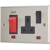 Contactum iConic 45A 2-Gang DP Cooker Switch & 13A DP Switched Socket Brushed Steel with Neon with Black Inserts (521RP)