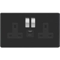 Varilight 13A 2-Gang 1P+N Switched Socket + 4A 20W 2-Outlet Type A & C USB Charger Jet Black with Black Inserts (541YT)
