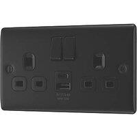 British General Nexus Metal 13A 2-Gang SP Switched Socket + 2.4A 12W 2-Outlet Type A & C USB Charger Matt Black with Black Inserts (567PM)