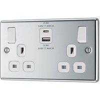 LAP 13A 2-Gang SP Switched Socket + 3A 22W 2-Outlet Type A & C USB Charger Polished Chrome with White Inserts (572PN)