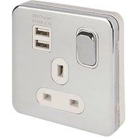 Schneider Electric Lisse Deco 13A 1-Gang SP Switched Socket + 2.1A 10.5W 2-Outlet Type A USB Charger Polished Chrome with White Inserts (576FF)