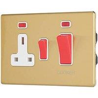 Contactum Lyric 45A 2-Gang DP Cooker Switch & 13A DP Switched Socket Brushed Brass with Neon with White Inserts (582RR)