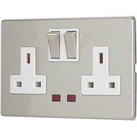 Contactum Lyric 13A 2-Gang DP Switched Socket Outlet Brushed Steel with Neon with White Inserts (597RR)