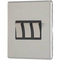 Contactum Lyric 10AX 3-Gang 2-Way Light Switch Brushed Steel with Black Inserts (604RP)
