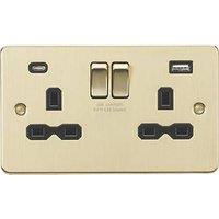 Knightsbridge 13A 2-Gang SP Switched Socket + 4.0A 20W 2-Outlet Type A & C USB Charger Brushed Brass with Black Inserts (628PX)