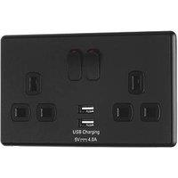 Arlec 13A 2-Gang SP Switched Socket + 4A 15W 2-Outlet Type A USB Charger Black with Colour-Matched Inserts (628RU)