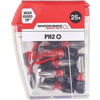 Milwaukee Shockwave 1/4" 25mm Straight Shank PH2 Screwdriver Bits 25 Pack (632JR)