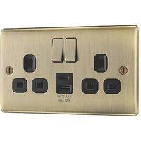 British General Nexus Metal 13A 2-Gang SP Switched Socket + 2.4A 12W 2-Outlet Type A & C USB Charger Antique Brass with Black Inserts (647PM)
