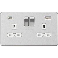 Knightsbridge 13A 2-Gang SP Switched Socket + 4.0A 20W 2-Outlet Type A & C USB Charger Brushed Chrome with White Inserts (647PX)