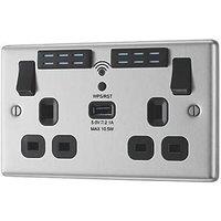 LAP 13A 2-Gang SP Switched Wi-Fi Extender + 2.1A 10.5W 1-Outlet Type A USB Charger Brushed Steel with Black Inserts (658FV)