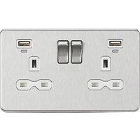 Knightsbridge 13A 2-Gang SP Switched Socket + 2.4A 12W 2-Outlet Type A USB Charger Brushed Chrome with White Inserts (658TX)