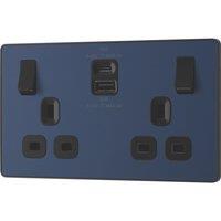 British General Evolve 13A 2-Gang SP Switched Socket + 3A 45W 2-Outlet Type A & C USB Charger Blue with Black Inserts (669YV)