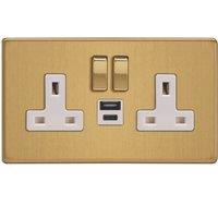 Varilight 13A 2-Gang 1P+N Switched Socket + 4A 20W 2-Outlet Type A & C USB Charger Brushed Brass with White Inserts (702YT)