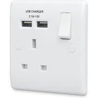 British General 800 Series 13A 1-Gang SP Switched Socket + 2.1A 10.5W 2-Outlet Type A USB Charger White (7119R)