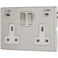 Contactum Lyric 13A 2-Gang DP Switched Socket + 4.8A 24W 2-Outlet Type A & C USB Charger Brushed Stainless Steel with White Inserts (716RP)