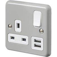 MK Contoura 13A 1-Gang DP Switched Socket + 2A 10.5W 2-Outlet Type A USB Charger Grey with White Inserts (719RG)