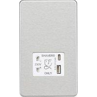 Knightsbridge 2-Gang Single Voltage Shaver Socket+ 2.4A 12W 2-Outlet Type A & C USB Charger 230V Brushed Chrome with White Inserts (727PX)