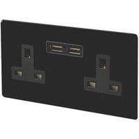 Varilight 13AX 2-Gang Unswitched Socket + 2.1A 10.5W 2-Outlet Type A USB Charger Jet Black with Black Inserts (7295F)