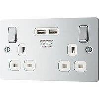 LAP 13A 2-Gang SP Switched Socket + 3.1A 15.5W 2-Outlet Type A USB Charger Polished Chrome with White Inserts (7325P)