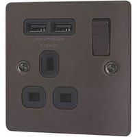 LAP 13A 1-Gang SP Switched Socket + 2.1A 10.5W 2-Outlet Type A USB Charger Black Nickel with Black Inserts (7468F)