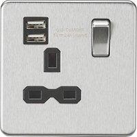 Knightsbridge 13A 1-Gang SP Switched Socket + 2.4A 12W 2-Outlet Type A USB Charger Brushed Chrome with Black Inserts (772TY)
