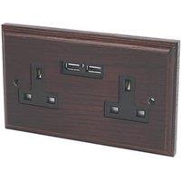 Varilight 13AX 2-Gang Unswitched Socket + 2.1A 10.5W 2-Outlet Type A USB Charger Dark Oak with Black Inserts (7900H)
