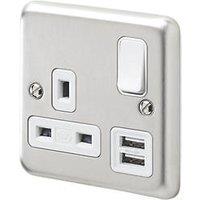 MK Contoura 13A 1-Gang DP Switched Socket + 2A 10.5W 2-Outlet Type A USB Charger Brushed Stainless Steel with White Inserts (843RG)