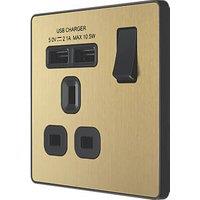 British General Evolve 13A 1-Gang SP Switched Socket + 2.1A 10.5W 2-Outlet Type A USB Charger Satin Brass with Black Inserts (852RF)