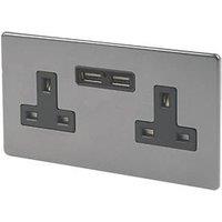 Varilight 13AX 2-Gang Unswitched Socket + 2.1A 10.5W 2-Outlet Type A USB Charger Slate Grey with Black Inserts (8538F)