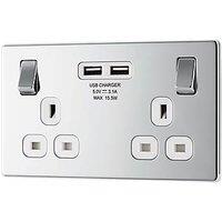 LAP 13A 2-Gang DP Switched Socket + 3.1A 15.5W 2-Outlet Type A USB Charger Polished Chrome with White Inserts (857KJ)