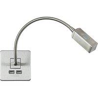 Knightsbridge LED Reading Light Brushed Chrome 2W 55lm + 2.4A 2-Outlet Type A USB Charger (859PY)