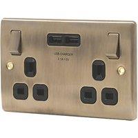 British General Nexus Metal 13A 2-Gang SP Switched Socket + 3.1A 15.5W 2-Outlet Type A USB Charger Antique Brass with Black Inserts (8640P)