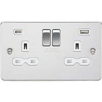 Knightsbridge 13A 2-Gang SP Switched Socket + 4.0A 20W 2-Outlet Type A & C USB Charger Polished Chrome with White Inserts (868PX)