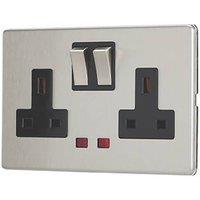 Contactum Lyric 13A 2-Gang DP Switched Socket Outlet Brushed Steel with Neon with Black Inserts (878RR)